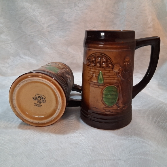 Vintage Moriyama Beer Mugs Monk Wine Cellar Japan Brown Pottery Steins Pair - Picture 7 of 16
